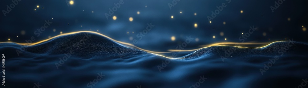 Poster abstract image with flowing lines and glowing particles in the dark