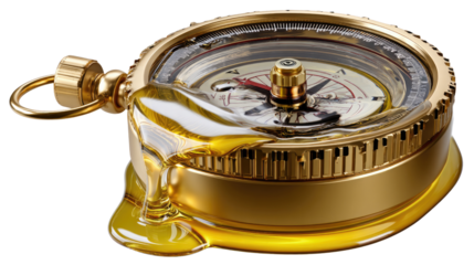 Direction in Time: A luxury golden compass navigates through a stream of vibrant liquid, embodying guidance and discovery, charting a course through time and experience.