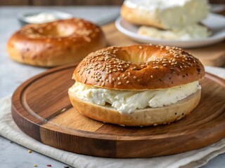 A tasty breakfast meal of fresh baked bread with sesame seeds and a bagel with cream cheese