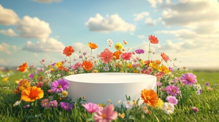 White empty podium with colorful wildflowers on grass background. Summer or spring nature scene mockup for product display presentation, advertising banner