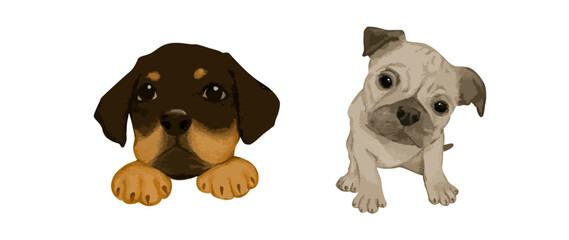 Watercolor illustration of cute puppy dogs with sweet and curious expressions. Hand painted pet artwork for greeting cards kids decor and animal design