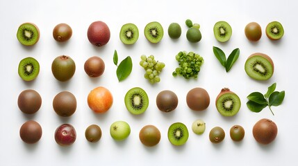 Kiwi with grapes, and fruit flatlay.