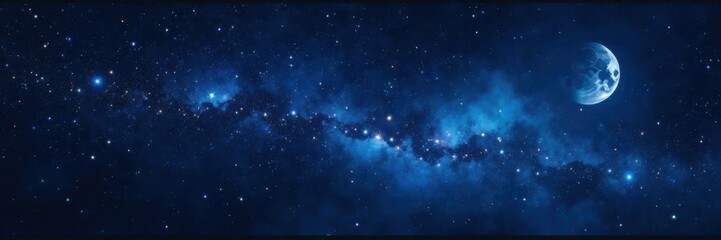 Dark space with twinkling stars, moon, and galaxy, set against a deep blue-black background, astronomy, celestial, galaxies