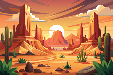 
Desert landscape of canyon scenery with cactus and butte. Panoramic view of wild west desert with cacti and a sunset sky. Vector illustration of the scenic Arizona desert with buttes and mesas.