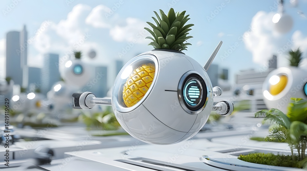 Poster innovative and visionary digital depicting a self driving vehicle made from a floating pineapple soa