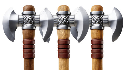 Three Viking Axes: A row of three expertly crafted Viking axes with gleaming silver blades, intricately designed wooden handles, and leather wrappings, ready for battle or display.