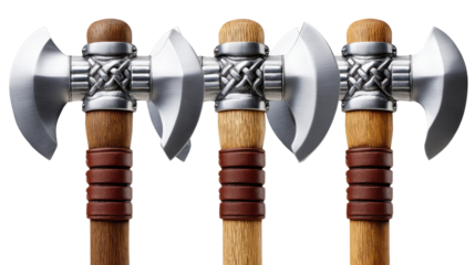 Three Viking Axes: A row of three expertly crafted Viking axes with gleaming silver blades, intricately designed wooden handles, and leather wrappings, ready for battle or display.