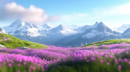 Fototapeta premium Purple wildflowers bloom, mountain backdrop, sunny day.