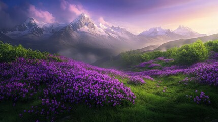 Fototapeta premium Purple wildflowers bloom beneath majestic, snow-capped mountains.