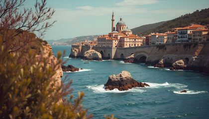 Picturesque coastal town buildings in terracotta and blue featuring a mosque