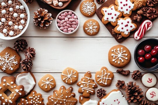 Christmas holiday dessert table with gingerbread cookies candy and festive sweets top view on white rustic wooden background