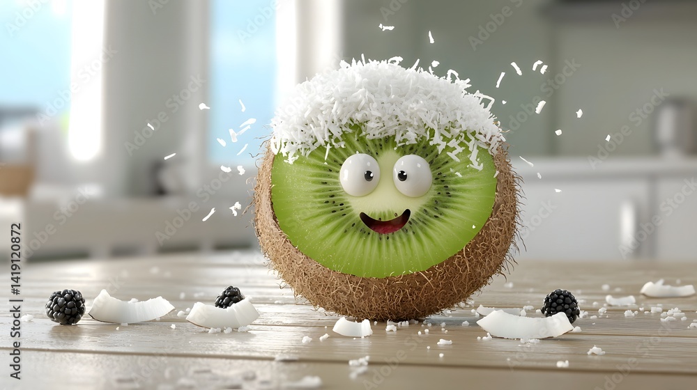 Aufkleber a fluffy bear constructed from a ripe kiwi with a soft coconut like fur texture and blackberry eyes 
