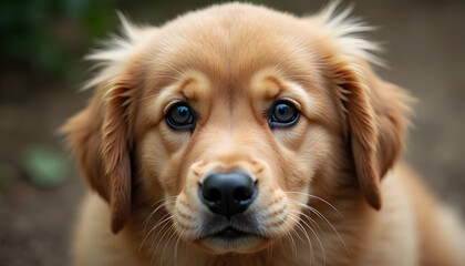 Golden puppy with curious mood looking attentively against blurred background