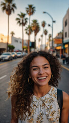 Woman's Radiant Smile on a Palm-Lined Street, bathed in Golden Light