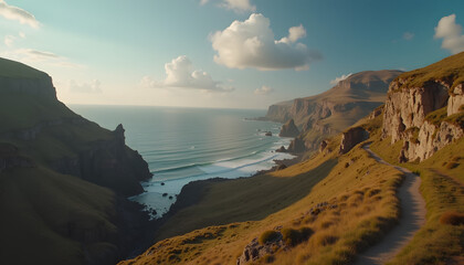 Coastal cliff path at sunset representing exploration and serenity [with copy space]