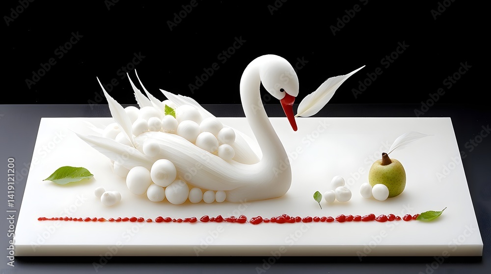 Poster ethereal and captivating swan sculpture crafted from a pear with elegant white onion feathers and a 