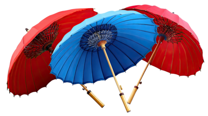 Colorful Canopies: Captivating shot featuring three vibrant umbrellas. A central blue umbrella is flanked by red umbrellas.