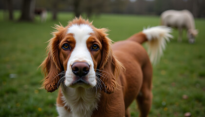 Young red white Cocker Spaniel dog looking attentively in grassy field with horses