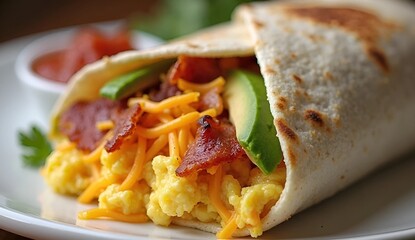Close up shot of a burrito filled with scrambled eggs, bacon, cheese, and avocado