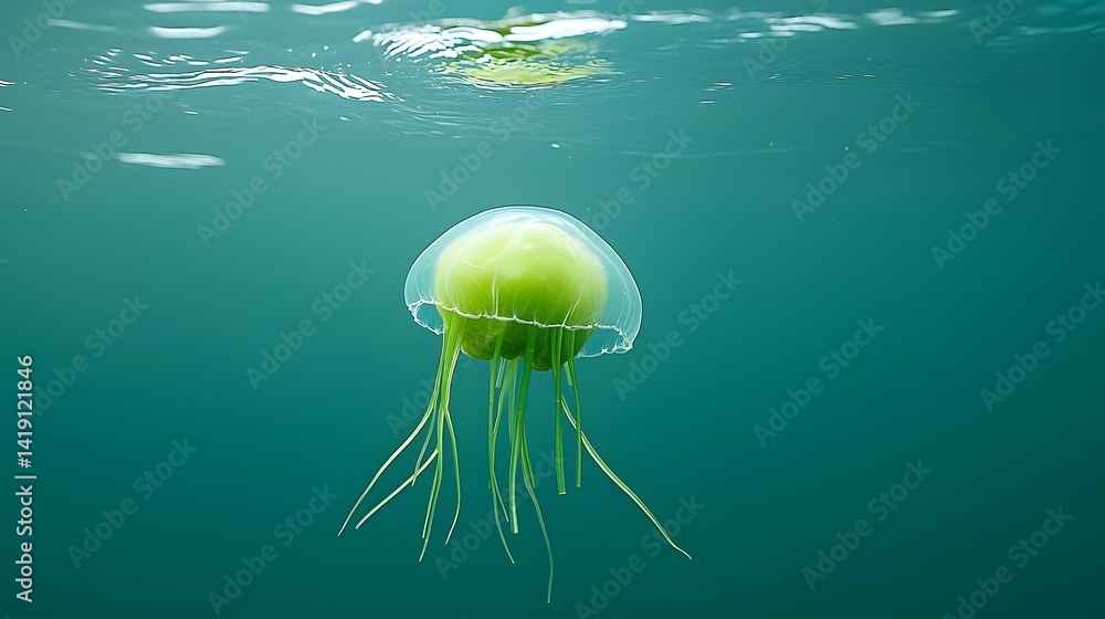 Poster captivating and surreal underwater sculpture of a jellyfish formed from lychee and celery tentacles 