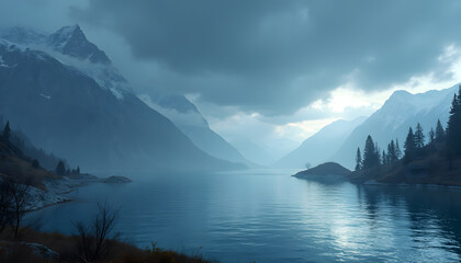 Misty mountain lake reflecting snow capped peaks cool colors serene melancholic [with copy space]