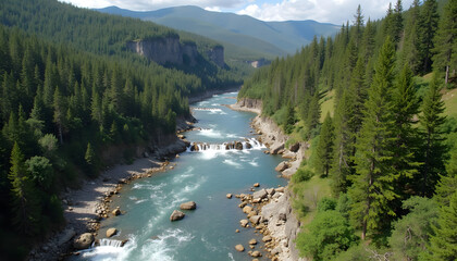 River flowing through lush green mountain valley serene high angle view