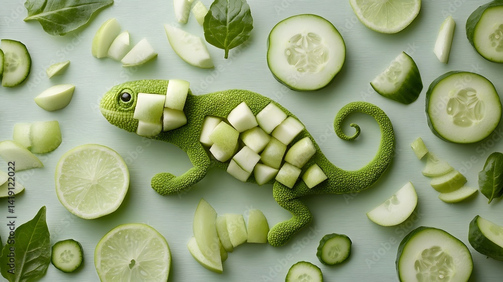 Aufkleber innovative and visually striking image of a chameleon like creature composed of sliced green apples 