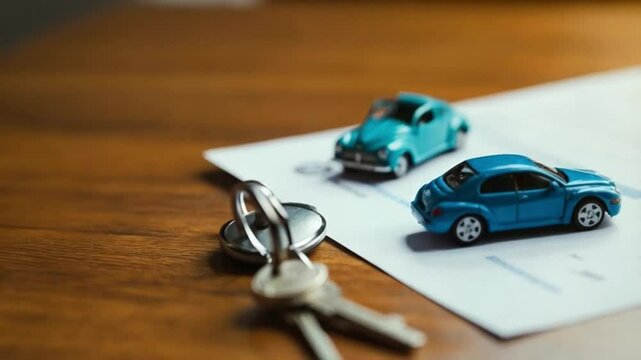 Small blue toy cars placed beside metal keys on wood