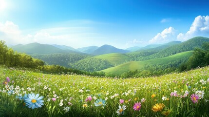 Fototapeta premium Flowering meadow, rolling hills, sunny sky.