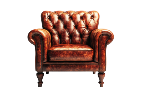 Luxurious vintage brown leather armchair rich texture and deep color classic tufted design on transparent background
