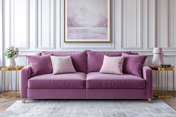 Purple velvet sofa with pillows in elegant living room