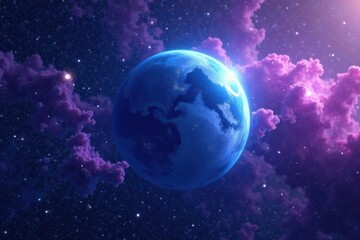 Fototapeta premium Ethereal blue planet surrounded by vibrant purple nebulae, glowing nebula, celestial