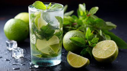 Fototapeta premium Mojito cocktail with lime and mint on a dark background