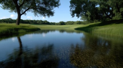Tranquil, glassy water reflecting a lush green landscape