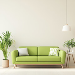 Cozy Modern Living Room with Green Sofa and Indoor Plants