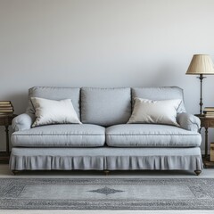 Gray sofa with white pillows lamp and books are displayed