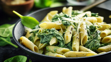 Penne pasta with spinach, parmesan and basil on a plate