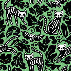 Fototapeta premium Seamless vector pattern with Halloween black cat skeletons. Hand drawn spooky cat damask. EPS 10 vector file. Perfect for textile, wallpaper or print design.