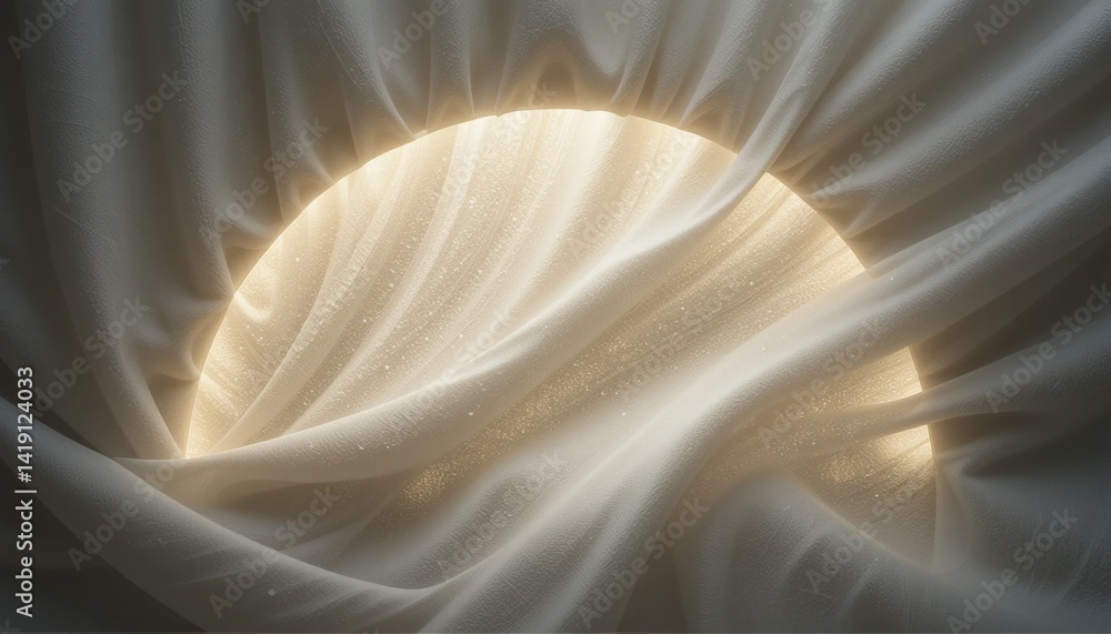 Poster sunlight filtering through sheer fabric indoor setting abstract visuals warm atmosphere soft focus s
