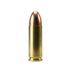 Bullet: Close-up view, metallic casing, transparent background