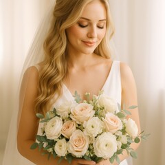 Naklejka premium Radiant Bride Holding Floral Bouquet: A serene portrait of a beautiful bride, her eyes gently closed, adorned with a delicate veil and cradling a stunning bouquet of pastel-colored roses.