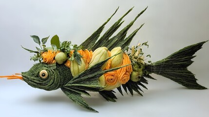Visually striking arrangement of exotic jungle animals creatively crafted from a vibrant assortment of fresh fruits and vegetables