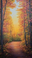 Obraz premium Autumnal path through vibrant foliage, trees.