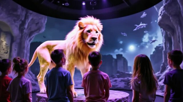 Children watching a glowing holographic lion roar inside futuristic museum, immersive wildlife education, holographic animal museum's concept, Generative AI.