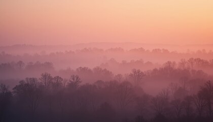 Mist-covered forest sunrise scenic landscape nature photography tranquil environment panoramic view serene concept
