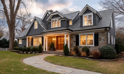 Naklejka premium Elegant home with warm evening light. Exterior view