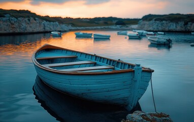 Obraz premium Tranquil sunset over a harbor with a vintage rowboat. Calm waters reflect the warm hues of the sky. Several small boats are moored in the bay