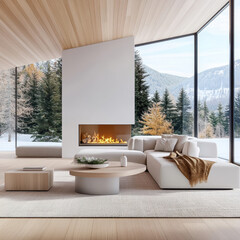 Cozy Modern Living Room with Fireplace and Mountain View