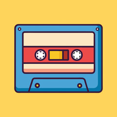 Illustration of a vintage blue cassette tape on a yellow background