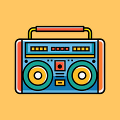 Retro boombox illustration with vibrant colors and bold outlines on yellow backdrop